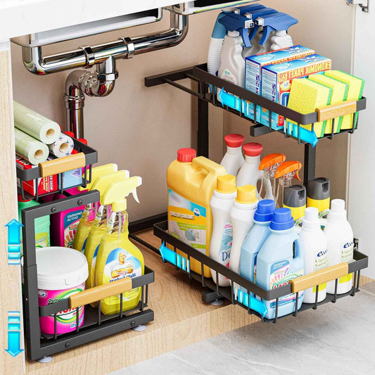 ADBIU Under Sink Organizer, 2 Pack 2 Tier Expandable Height (13.2" - 17.2") Pulling Out Kitchen Bathroom Cabinet Organizers