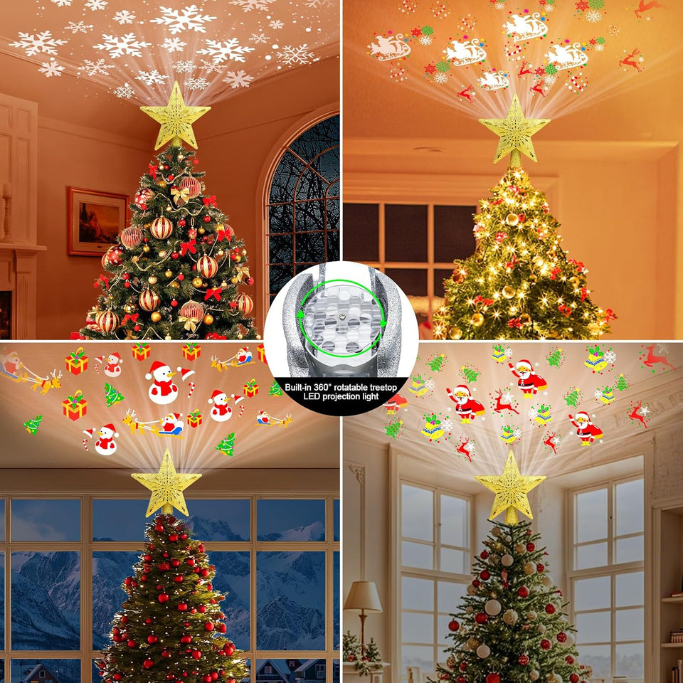 Christmas Tree Topper Projector Lights with 6 Projection Modes, Gold Star Christmas Tree Topper with Built-in LED Projector, Dynamic Projection for Christmas Party Holiday Decoration