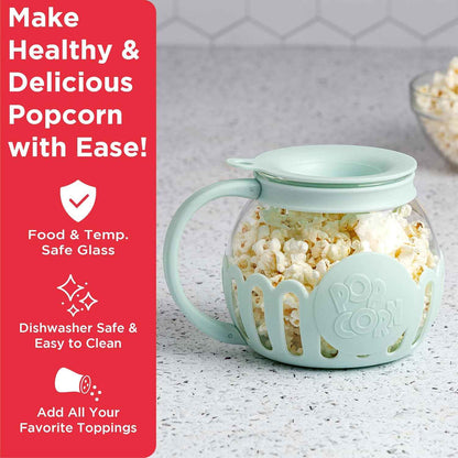 Ecolution Patented Micro-Pop Microwave Popcorn Popper with Temperature Safe Glass, 3-in-1 Lid Measures Kernels and Melts Butter, Made Without BPA, Dishwasher Safe, 1.5-Quart, Aqua