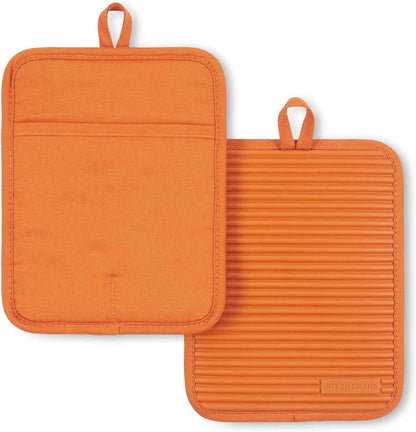 KITCHENAID Ribbed Soft Silicone Pot Holder 2-Pack Set, Matte Black, 7"x9"