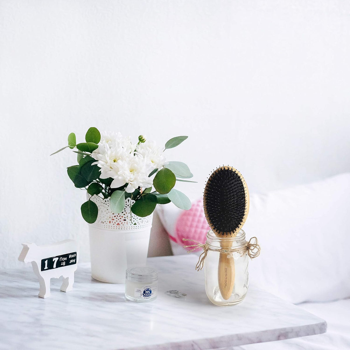 BESTOOL Hair Brush-Boar Bristle Hair Brushes Natural Bamboo Wooden Cushion Massage Anti Static Large Paddle Hairbrush for Women Men and Kid (Round)