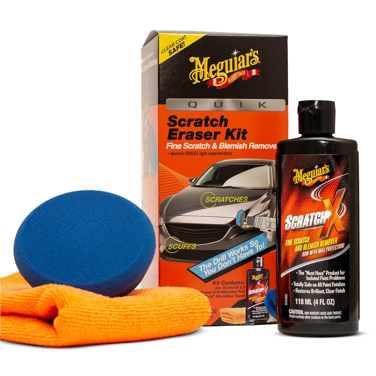 Meguiar's Quik Eraser Kit, Car Scratch Remover for Repairing Surface Blemishes, Car Scratch Repair Kit with ScratchX, Drill-Mounted Pad, and Microfiber Towel, 4 Count