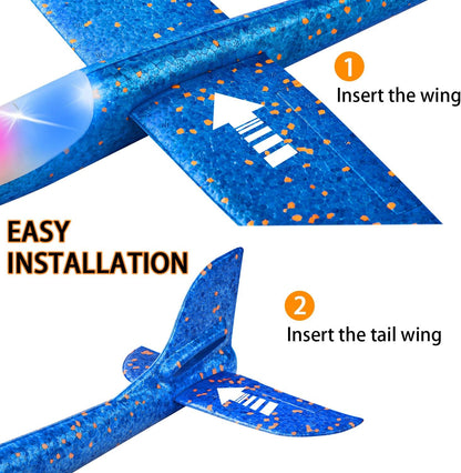 2 Pack LED Light Airplane,17.5" Large Throwing 2 Flight Mode Glider Plane,Flying Toy for Kids,Gifts for 3 4 5 6 7 8 9 Years Old Boy,Outdoor Sport Toys Birthday Party Favors Foam Airplane