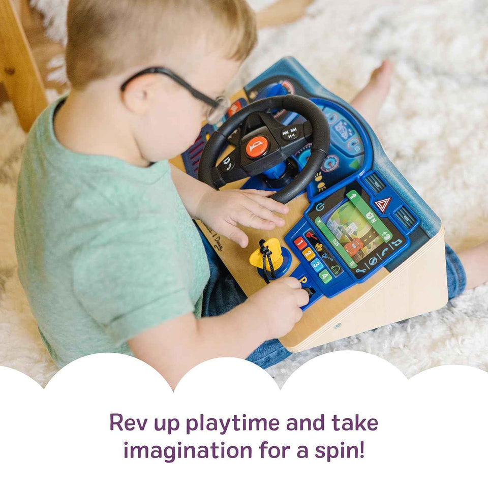 Melissa & Doug Vroom & Zoom, Interactive Wooden Dashboard, Racing Car Steering Wheel Toy, Lights & Sounds, Preschool Learning Toys for Girls & Boys 3+ - FSC Certified