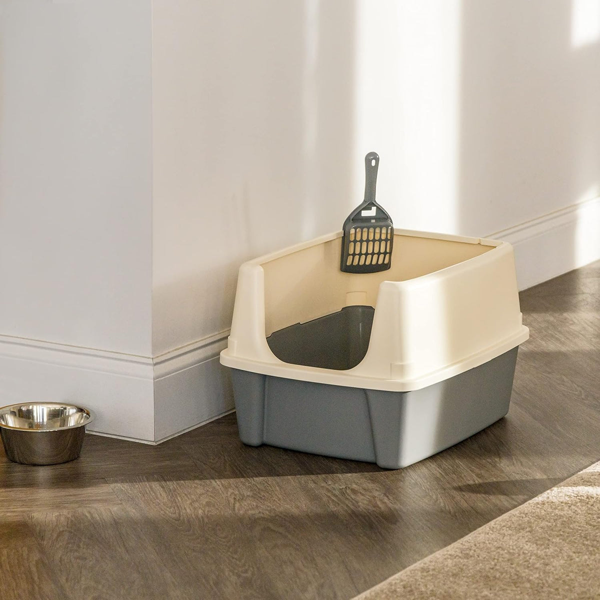 Basics Large Cat Litter Box with High Sides, Open Top, Includes Scoop, 19 x 15 x 11.75 inches, Grey/Beige