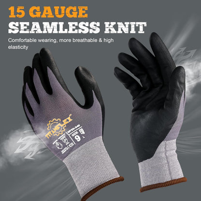 TitanFlex Work Gloves Microfoam Nitrile Coated Men Women-6 Pairs, Safety Warehouse Gloves Mens Working Glove with Grip Heavy Duty, Touchscreen, Seamless Knit Nylon for Automotive, Garden (Large)