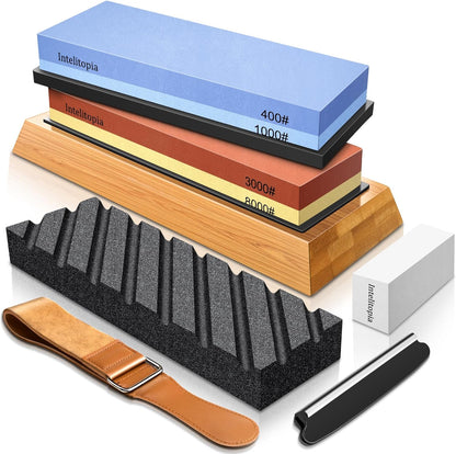 Intelitopia Complete Knife Sharpening Stone Set – Dual Grit Whetstone 400/1000 3000/8000 Knife Sharpener with Leather Strop, Flattening Stone, Bamboo Base, 3 Non-slip Rubber Bases & Angle Guide