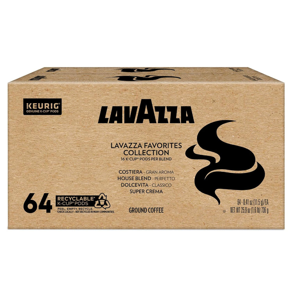 lavazza favorites collection variety pack, keurig k-cup pods, light and medium roast coffees, 64-count box