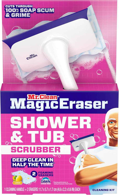 Mr. Clean Magic Eraser Shower & Tub Scrubber, Bathroom Cleaner, All in One Bathroom Cleaner, Lemon Starter Kit, 1 Scrubber & 2 Foaming Magic Erasers