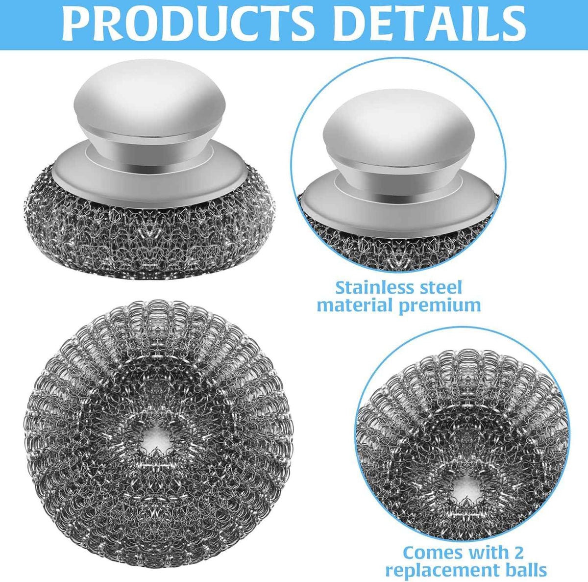 Stainless Steel Wool Scrubber with 2 Replacement Pads for Cleaning Metal Pans, Pots, Grills & More