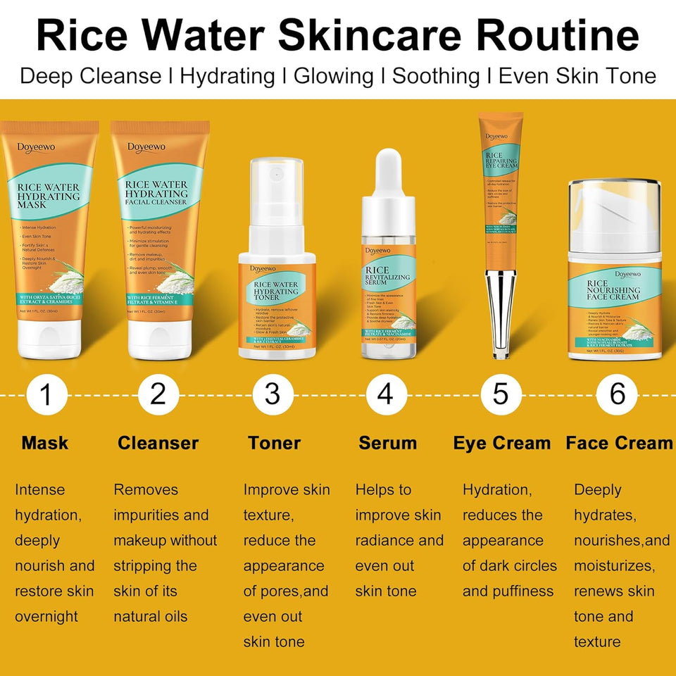Doyeewo 6-piece women's glass skincare set with Korean rice extract, hydrate glow repair anti-aging facial routine kit for normal, dry, oily, combination skin types