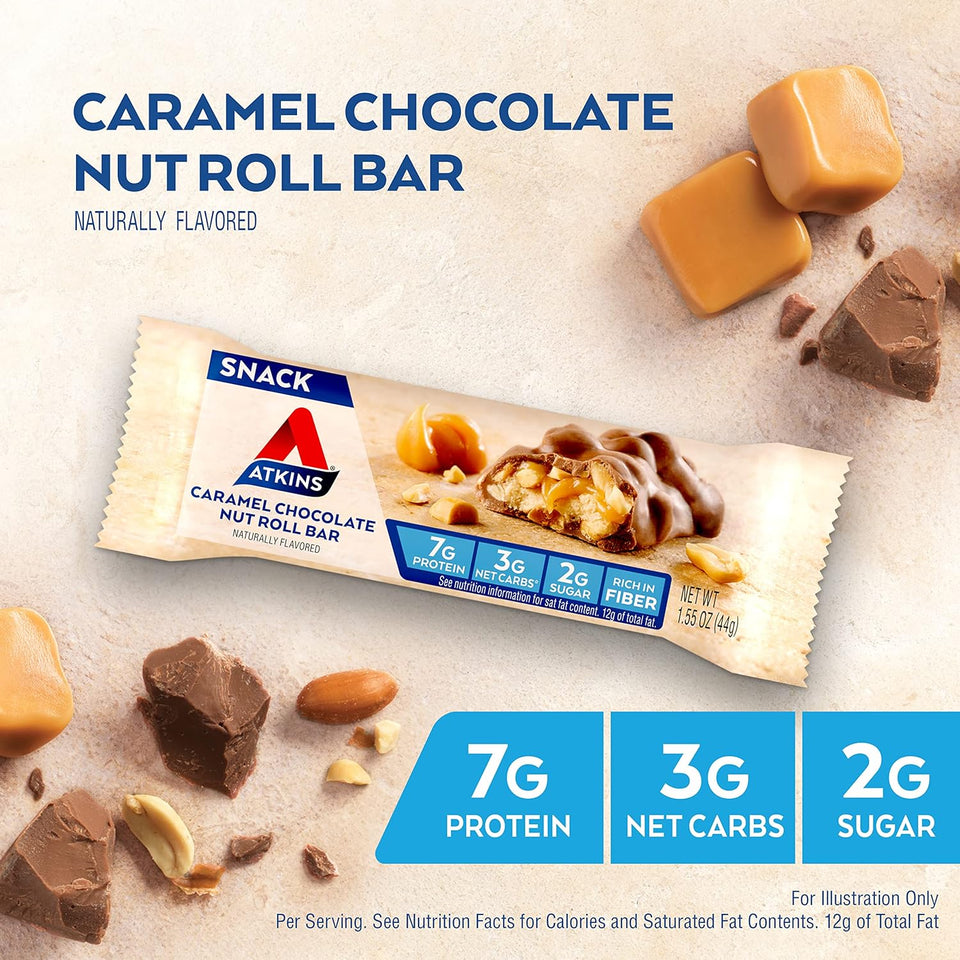 atkins caramel chocolate nut roll protein snack bars 7g protein 16 count