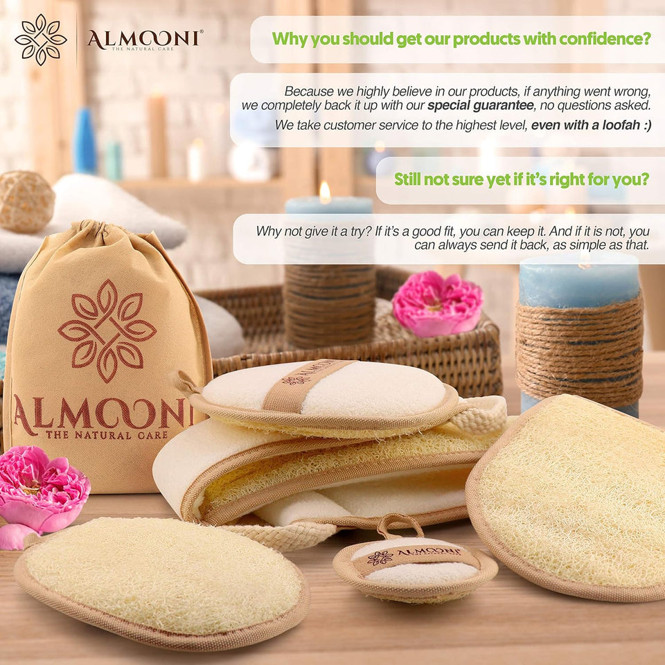 almooni natural loofah exfoliating body scrubber, 2-count pack, for women and men with natural egyptian loofah sponge