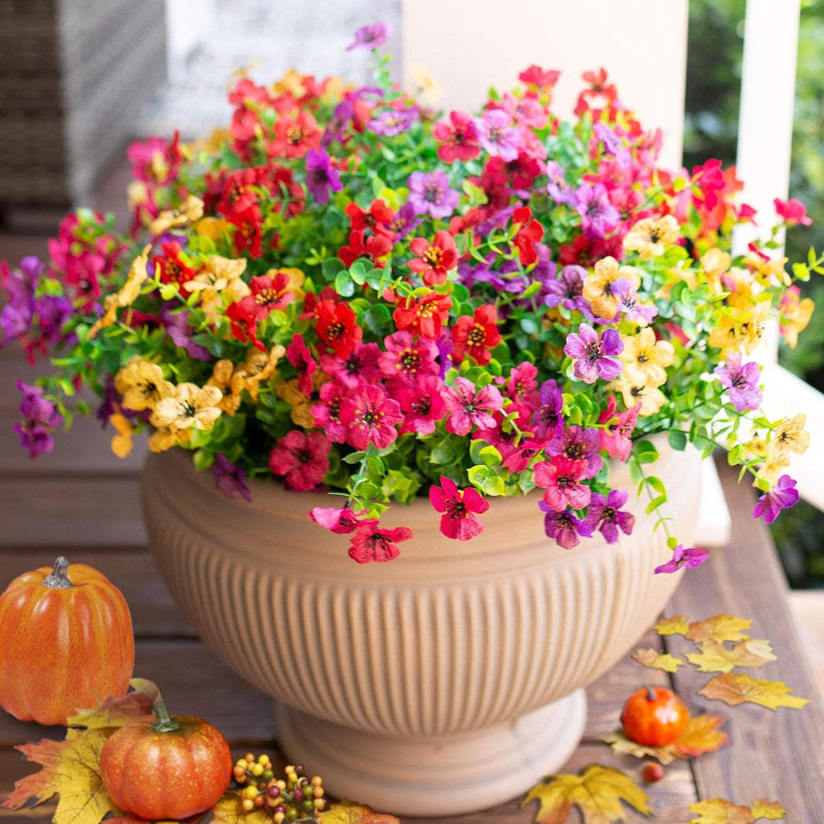 Artificial Flowers for Outdoor Indoor Garden Home Decoration, Faux Flower Daisy with Eucalyptus Leaves Fake Plants Greenery Boxwood Porch Patio, 12 Bundles (Mix Pink Red Purple Yellow) - Cart Shape