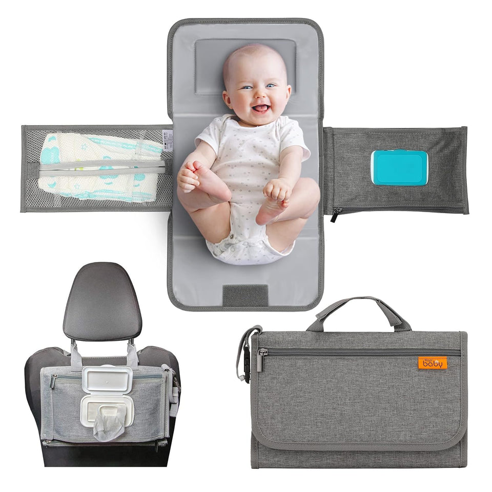Kopi Baby Portable Diaper Changing Pad - Grey, Classic, 7.35 x 11.5 inches, Foldable, Infant Travel Station Kit, Newborn Gift