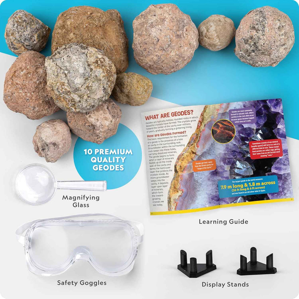 National Geographic Break Open 10 Premium Geodes – Includes Goggles & 2 Display Stands - Great STEM Science Kit, Geology Gift for Kids, Break Your Own Geodes with Crystals