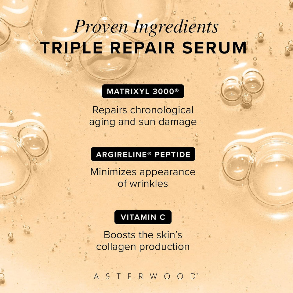 Asterwood Triple Repair Serum with Matrixyl 3000, Argireline, Hyaluronic Acid, and Vitamin C for anti-aging and collagen boosting - fragrance-free - 1 fl oz