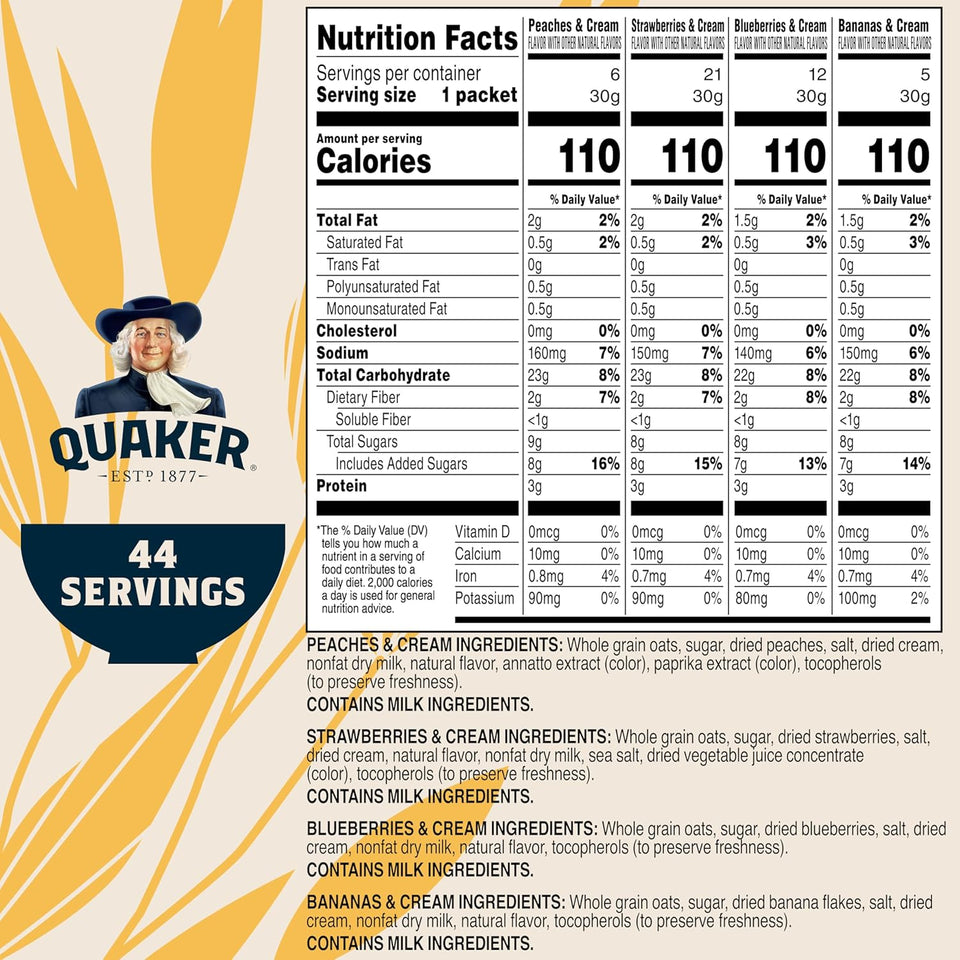 quaker instant oatmeal fruit & cream variety pack, 44 single serve packets, whole grain quaker oats