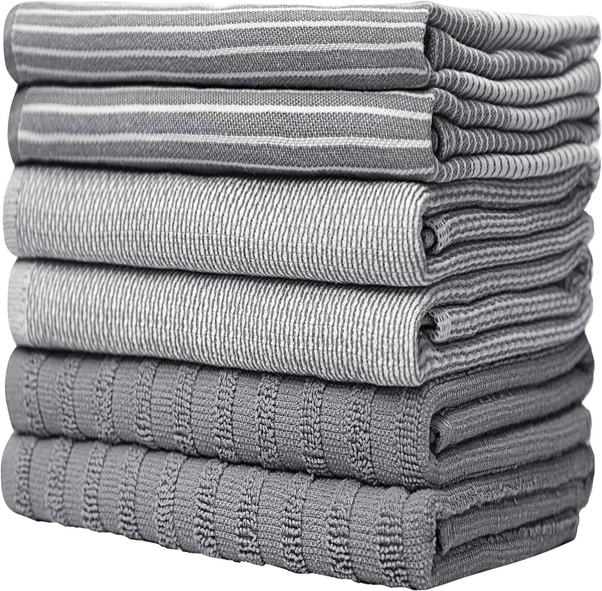 Premium Kitchen Towels (20”x 28”, 6 Pack) | Large Cotton Kitchen Hand Towel | Flat & Terry Dish Cloths | Highly Absorbent Tea Towels Set with Hanging Loop | Gray