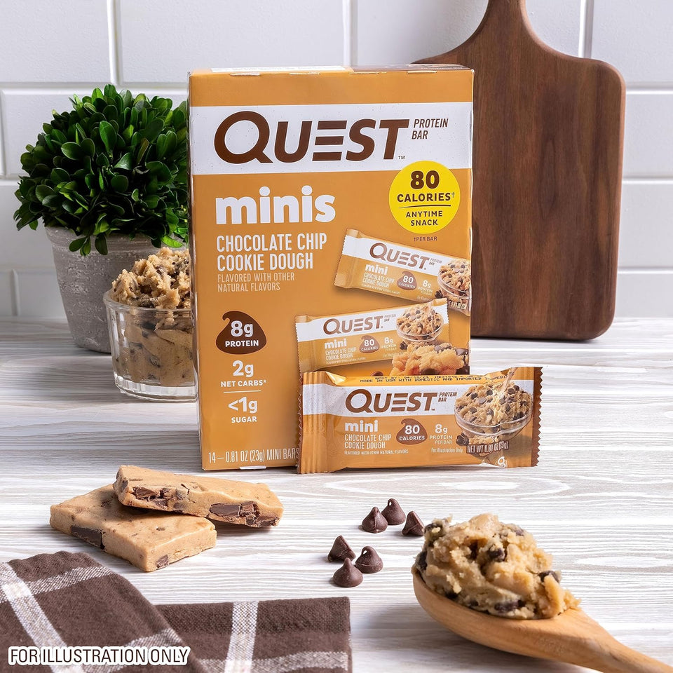 quest nutrition mini chocolate chip cookie dough protein bars 1g sugar 8g protein gluten free 14 count