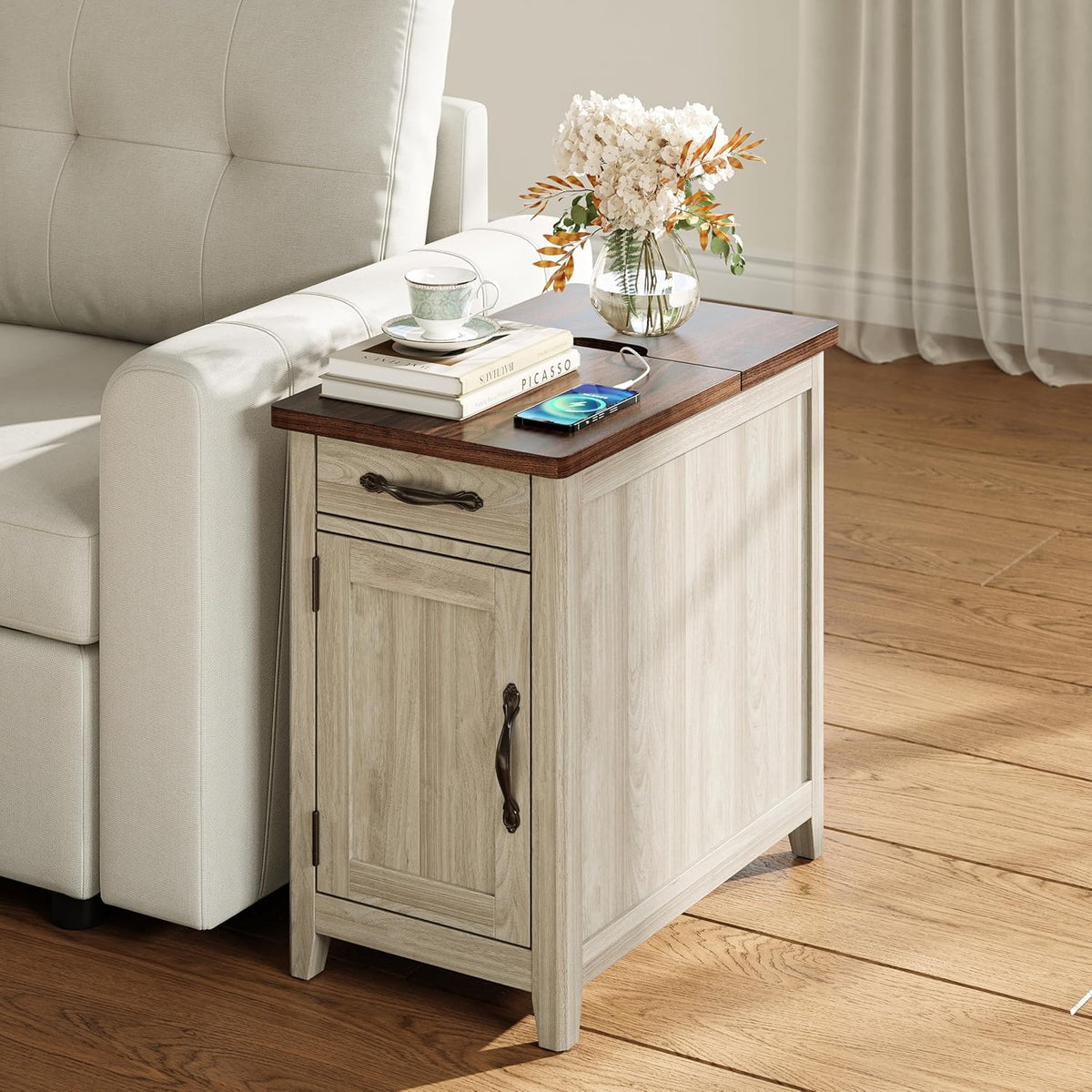 LINSY HOME Farmhouse End Table with Charging Station, Narrow Side Table for Living Room, Sofa Side Table with Drawer and Storage Cabinet, Small Nightstand for Home Office