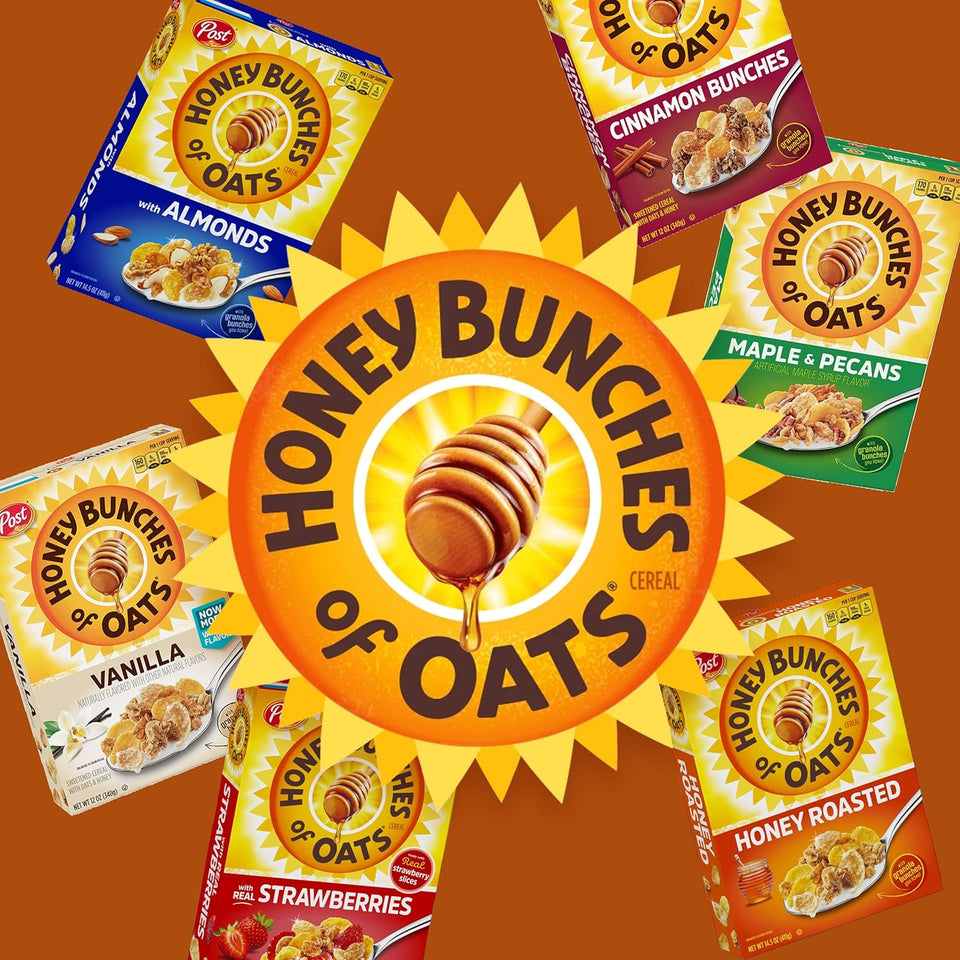 Post honey bunches of oats with almonds breakfast cereal, 18 oz family size box, whole grains, vitamins and minerals