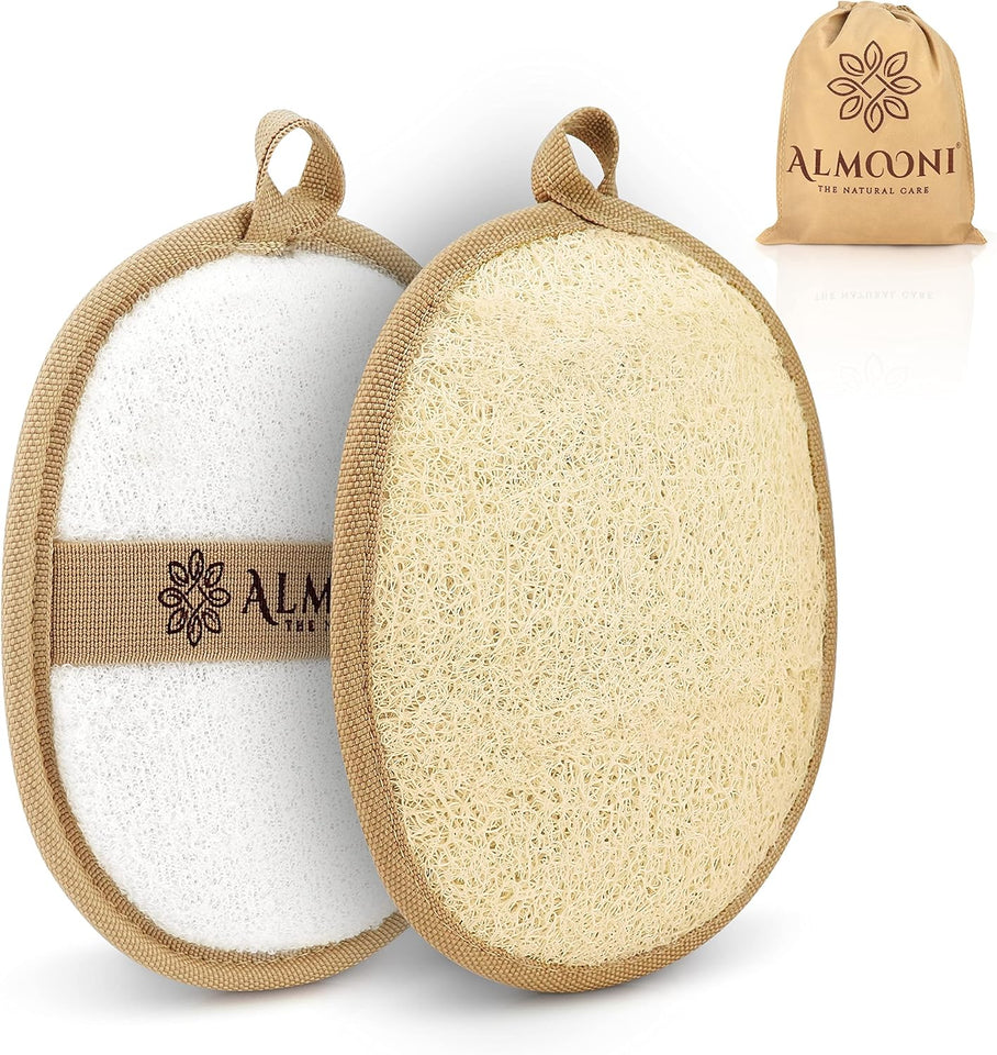 almooni natural loofah exfoliating body scrubber, 2-count pack, for women and men with natural egyptian loofah sponge