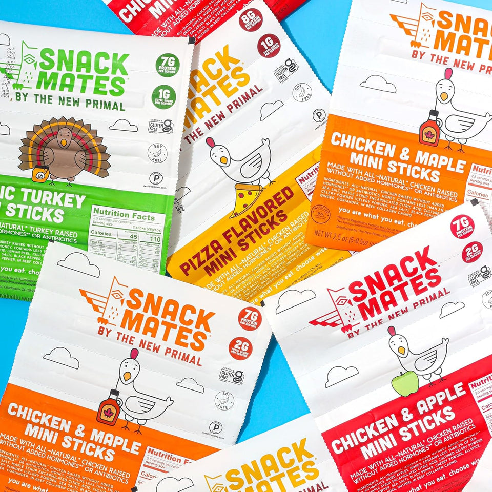 New Primal Snack Mates Gluten-Free Chicken & Maple Sticks, Healthy Snacks for Kids, Low Sugar High Protein, 15 Pack