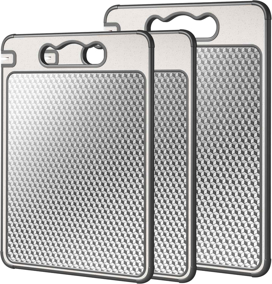 Double Sided 304 Stainless Steel & Wheat Straw Cutting Board, 14.4"*9.8" Non Toxic Chopping Board, Separately Handle Meat and Vegetables, Dishwasher Safe, Scratch Resistant Mesh Design