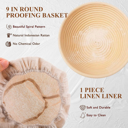 Complete Sourdough Starter Kit, Banneton Bread Proofing Basket with Glass Sourdough Starter Jar, Sourdough Bread Baking Supplies, 9'' Round Bread Proofing Basket, for Bread Making Baking Fermentation
