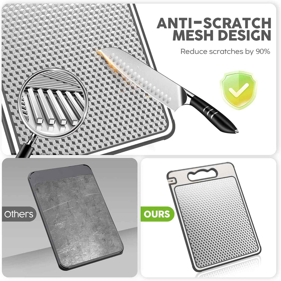 Double Sided 304 Stainless Steel & Wheat Straw Cutting Board, 14.4"*9.8" Non Toxic Chopping Board, Separately Handle Meat and Vegetables, Dishwasher Safe, Scratch Resistant Mesh Design