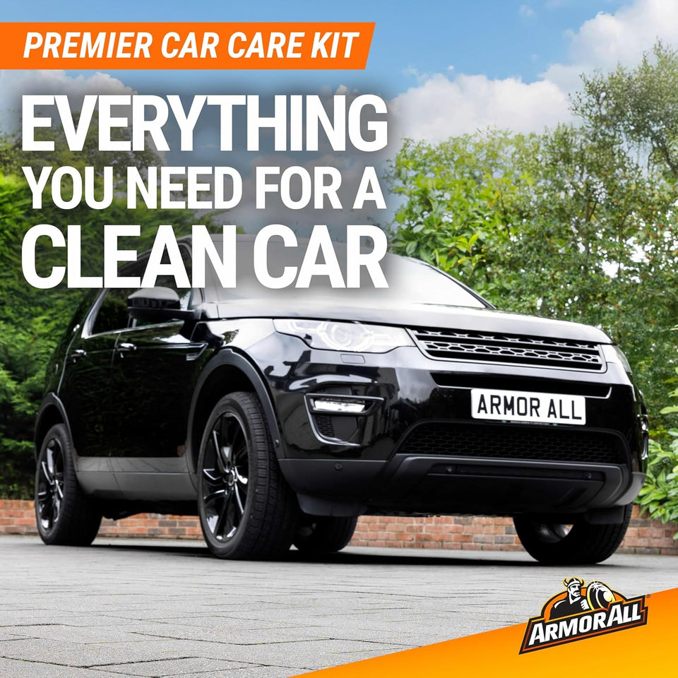 armor all premier car care kit, 8-piece kit, includes car wax, wash kit, glass cleaner, and tire cleaner