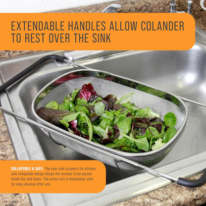 U.S. Kitchen Supply Stainless Steel Colander Strainer - 6-Quart Collapsible Colander with Expandable Rubber Handles - Rectangular Sieve, Fine Mesh Stainless Steel Strainers and Colanders for Kitchen