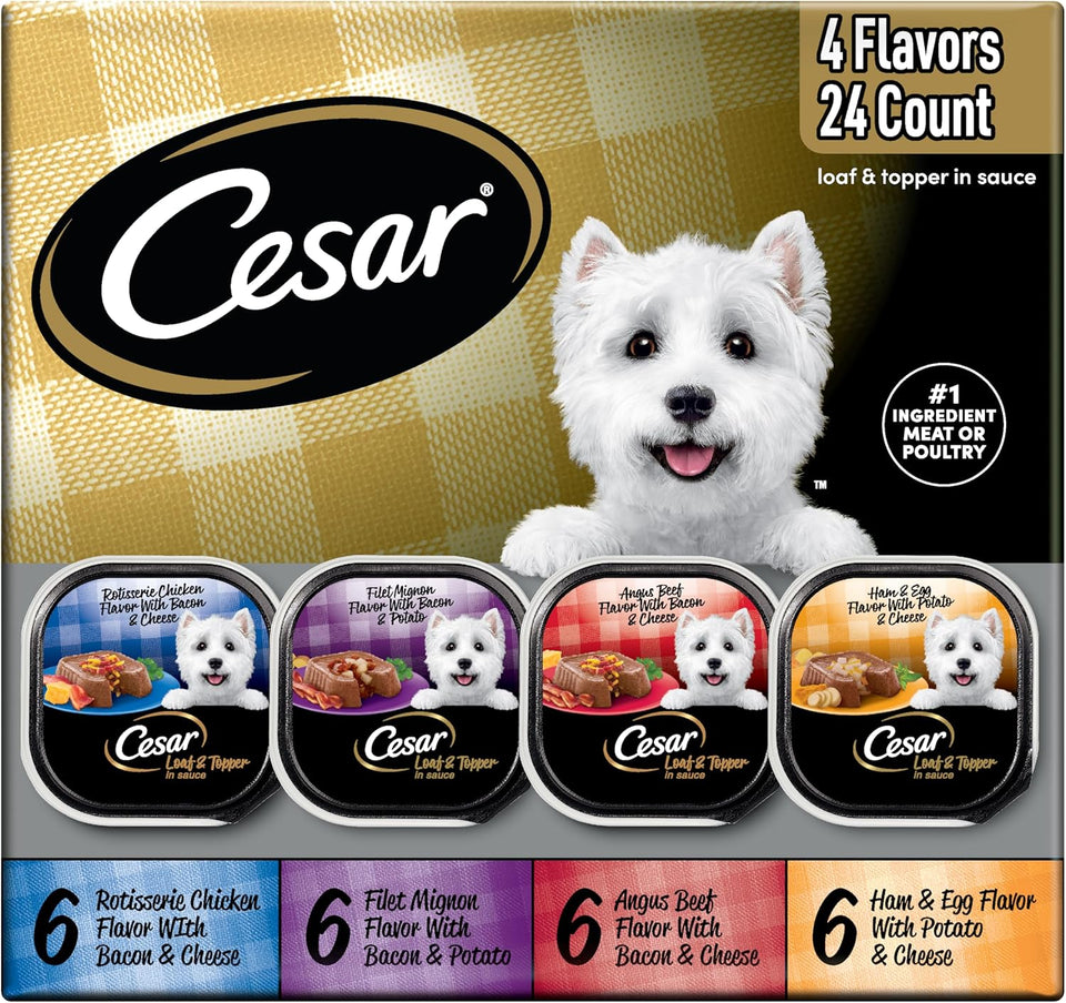 cesar loaf in sauce wet dog food rotisserie chicken, filet mignon, angus beef, and ham & egg flavors variety pack