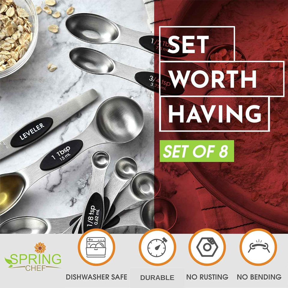 Spring Chef Stainless Steel Magnetic Measuring Spoons Set with Strong N45 Magnets, Heavy Duty Metal Kitchen Gadgets for Baking & Cooking, Fits in Most Kitchen Spice Jars, Set of 8 with Leveler, Black
