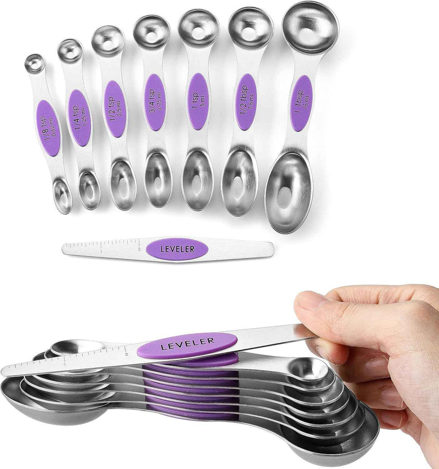 Spring Chef Stainless Steel Magnetic Measuring Spoons Set with Strong N45 Magnets, Heavy Duty Metal Kitchen Gadgets for Baking & Cooking, Fits in Most Kitchen Spice Jars, Set of 8 with Leveler, Black