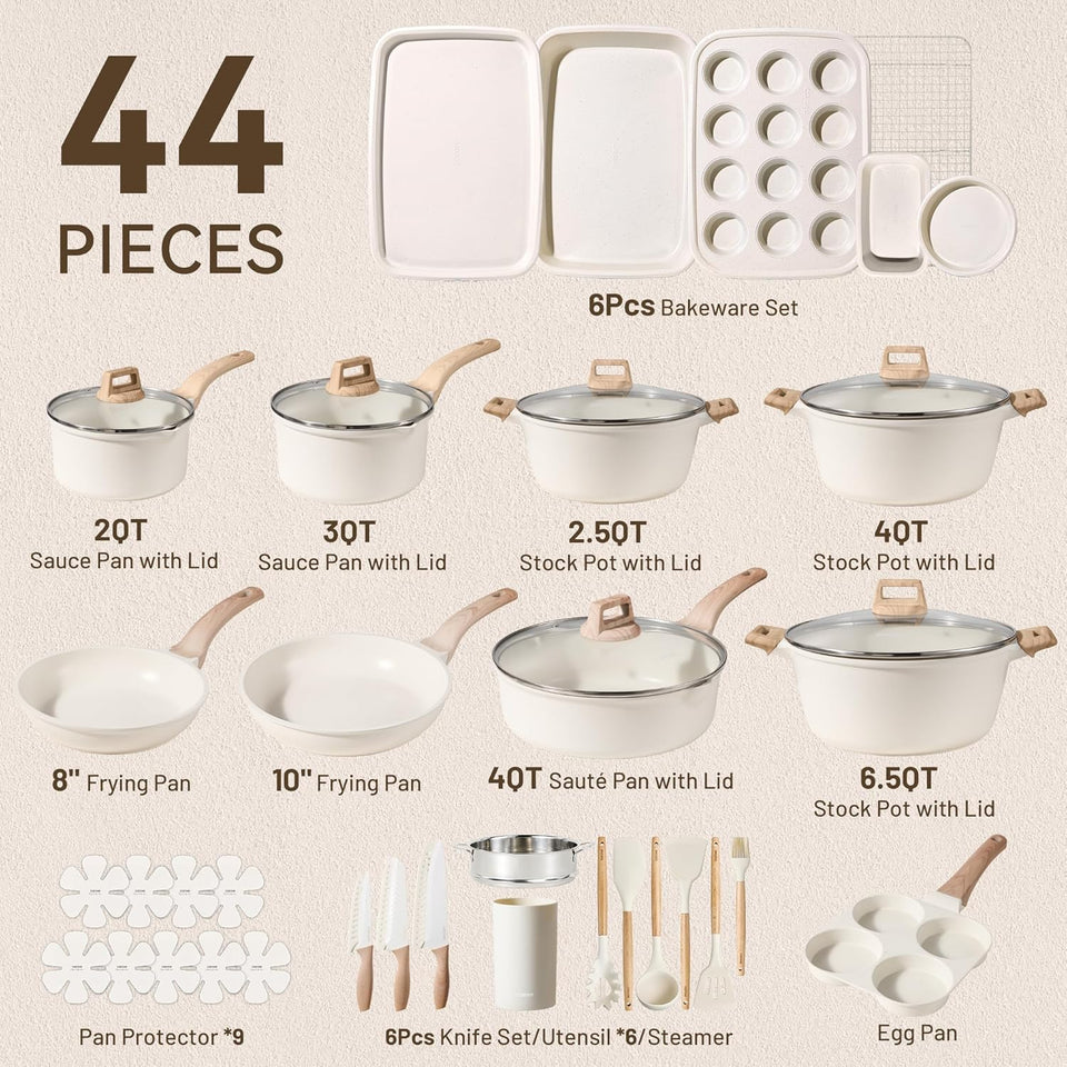CAROTE 44pcs Pots and Pan Set Nonstick, Cookware Sets, Cooking Set Non Stick, Induction Cook Ware with Bakeware Set, Kitchen Knife Set