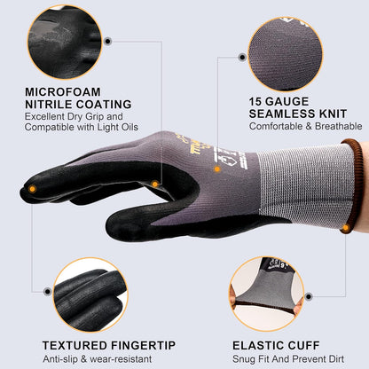 TitanFlex Work Gloves Microfoam Nitrile Coated Men Women-6 Pairs, Safety Warehouse Gloves Mens Working Glove with Grip Heavy Duty, Touchscreen, Seamless Knit Nylon for Automotive, Garden (Large)