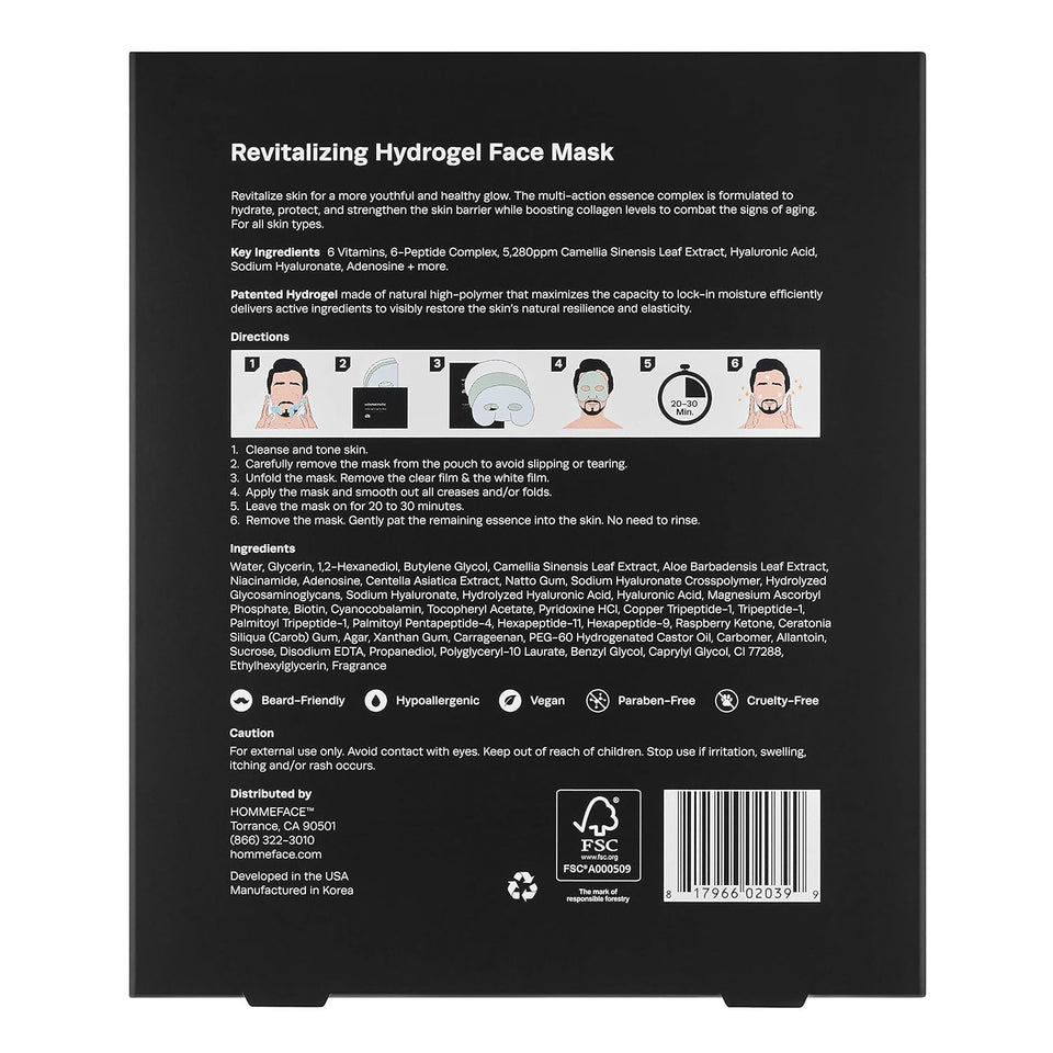 HommeFace men's 5ct hydrogel facial mask set with hyaluronic acid and peptides for hydrating and anti-aging skincare