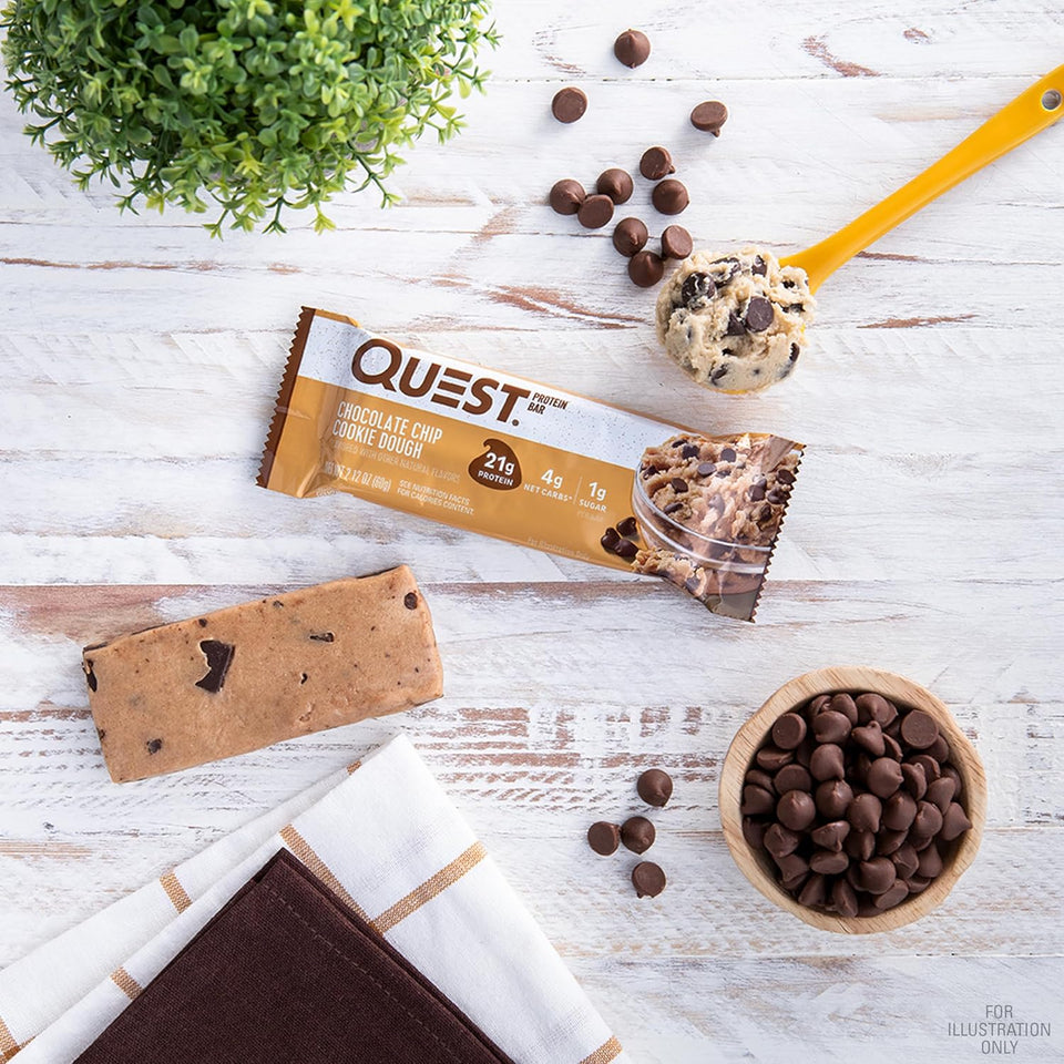 quest nutrition chocolate chip cookie dough protein bars 21g protein 1g sugar 4g net carb gluten free 12 count