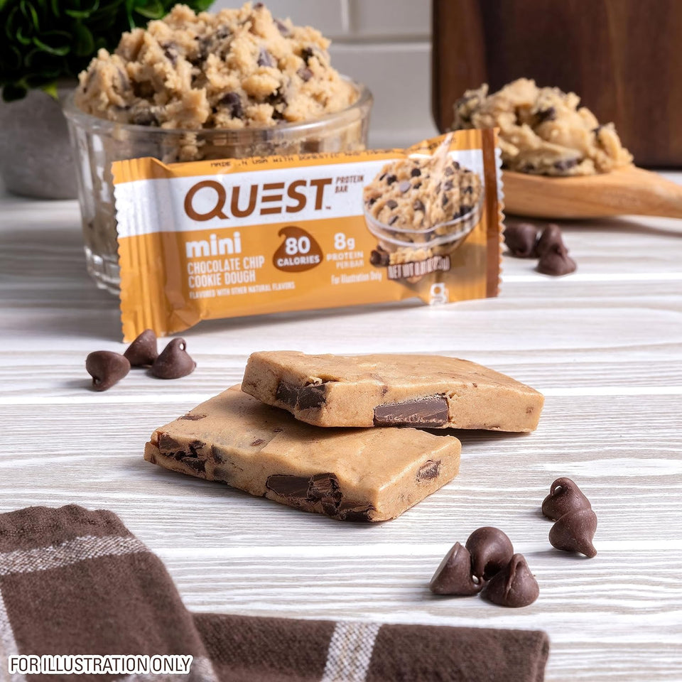 quest nutrition mini chocolate chip cookie dough protein bars 1g sugar 8g protein gluten free 14 count