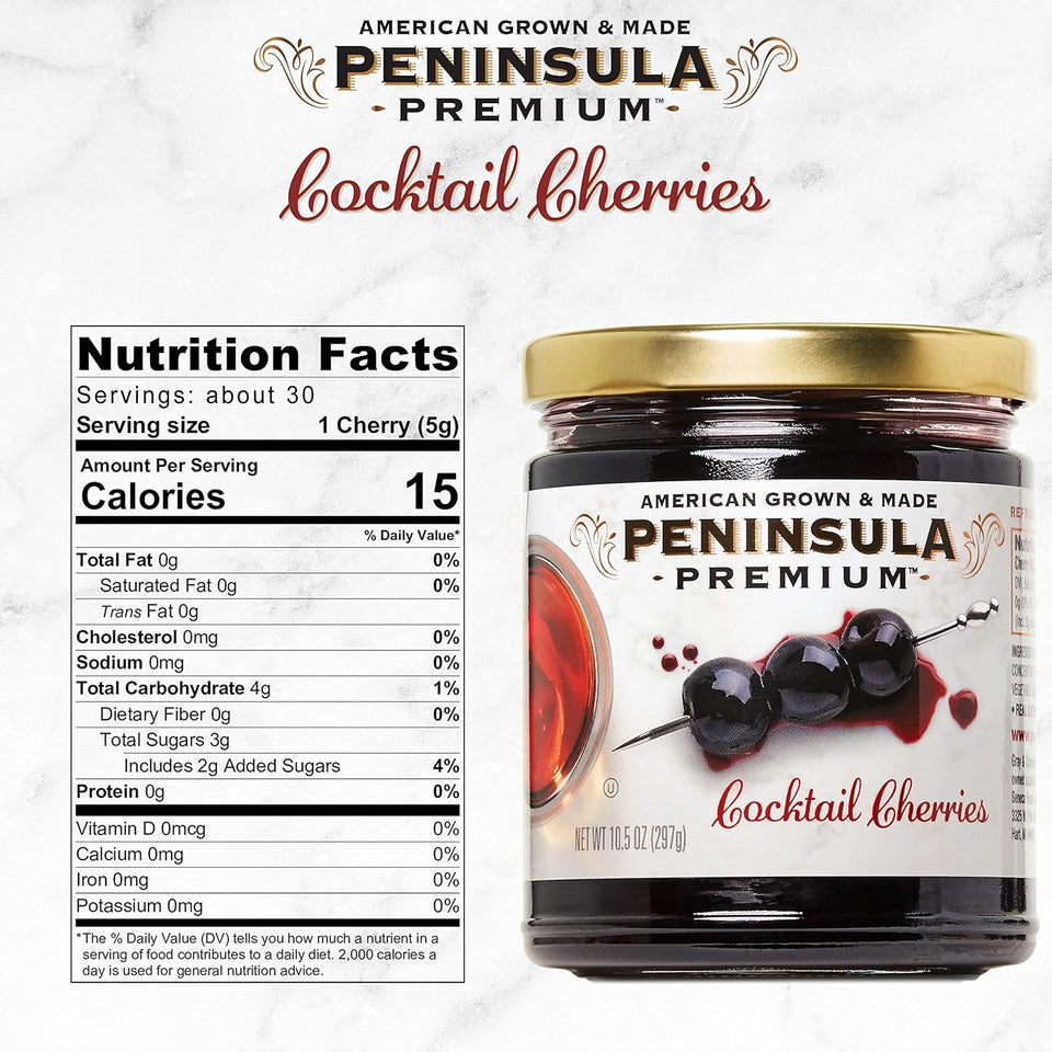 peninsula premium cocktail cherries deep burgundy-red silky smooth rich syrup gourmet american grown made 10.5 ounce