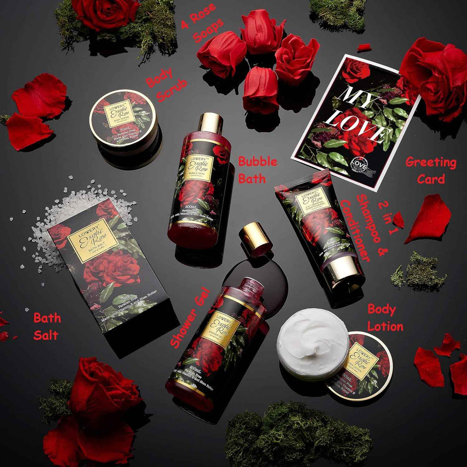 Valentines Day Gifts for Her - Exotic Rose Valentine Gift Basket for Women, Spa Bath and Body Gift Set, Anniversary Gifts for Women, Mom Birthday Gift with Body Scrub, Bubble Bath, Lotion & More