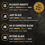 Black Rifle Coffee Company variety pack with 48 K Cups, including Silencer Smooth, AK Espresso, Just Black, and Beyond Black
