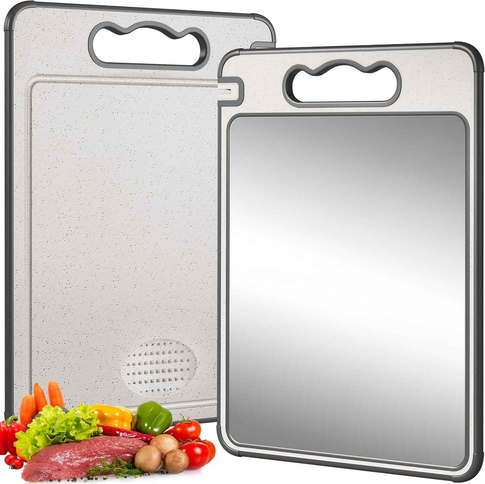 Double Sided 304 Stainless Steel & Wheat Straw Cutting Board, 14.4"*9.8" Non Toxic Chopping Board, Separately Handle Meat and Vegetables, Dishwasher Safe, Scratch Resistant Mesh Design