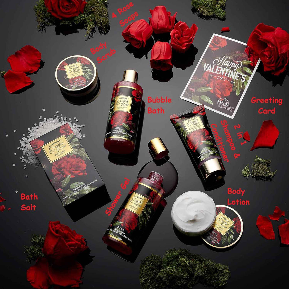 Valentines Day Gifts for Her - Exotic Rose Valentine Gift Basket for Women, Spa Bath and Body Gift Set, Anniversary Gifts for Women, Mom Birthday Gift with Body Scrub, Bubble Bath, Lotion & More