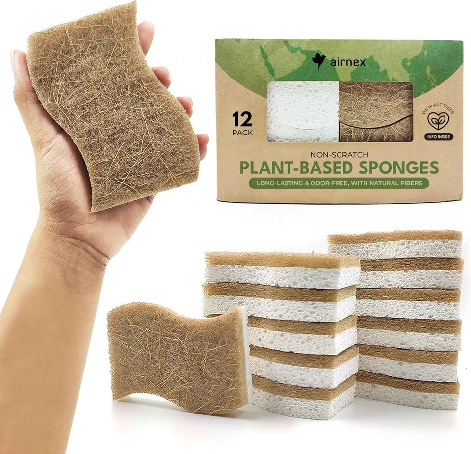 Biodegradable Natural Kitchen Sponge - Compostable Cellulose and Coconut Walnut Scrubber Sponge (12 Pack)