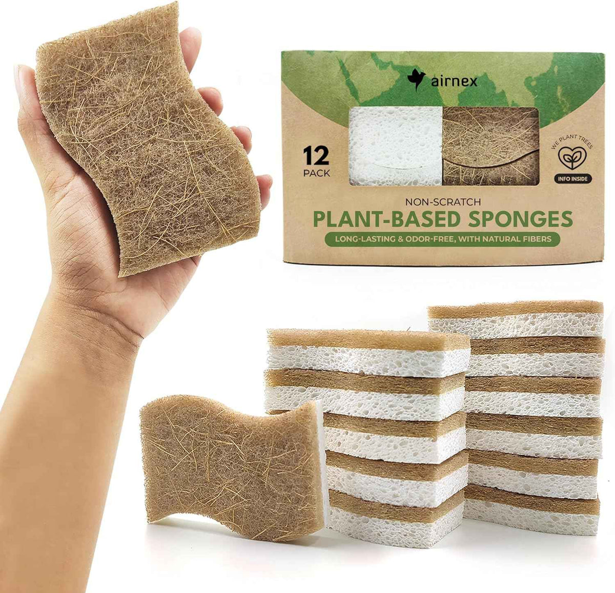 Natural Biodegradable Kitchen Sponge, 12 Pack, Compostable Cellulose and Coconut Walnut Scrubber