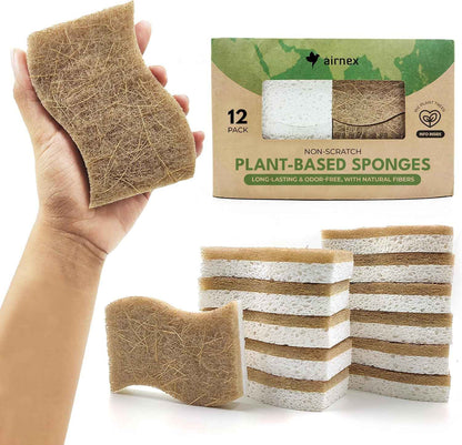 Natural Biodegradable Kitchen Sponge, 12 Pack, Compostable Cellulose and Coconut Walnut Scrubber