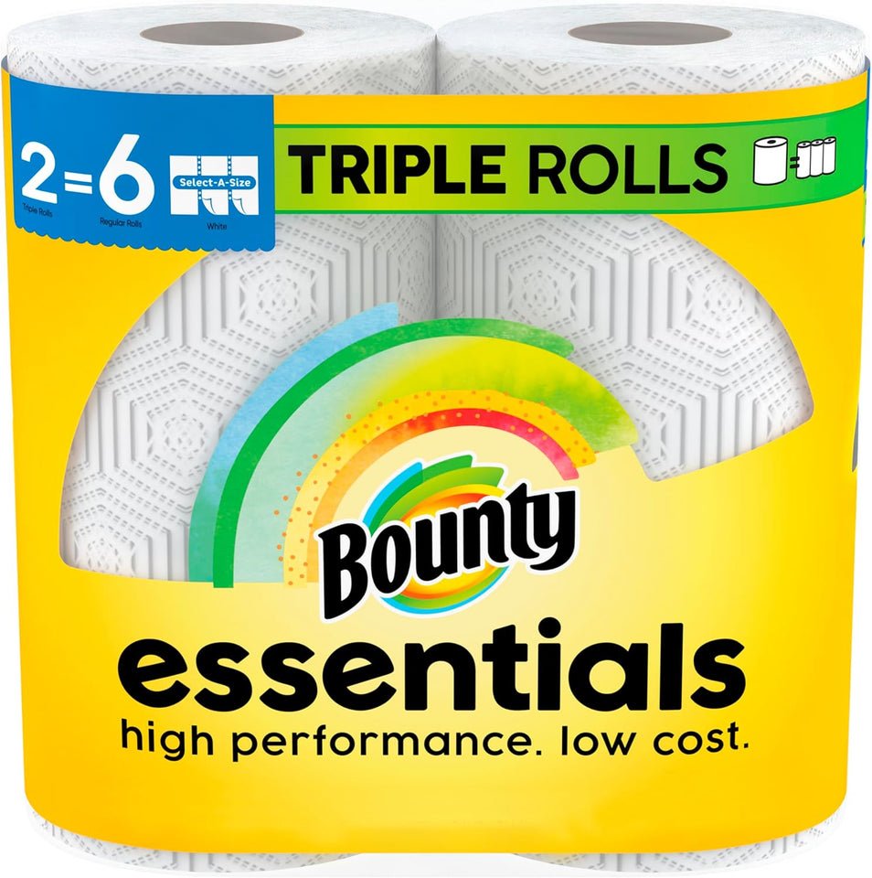 Bounty Essentials Select-A-Size White Paper Towels, 2 Triple Rolls, 6 Regular Rolls Equivalent